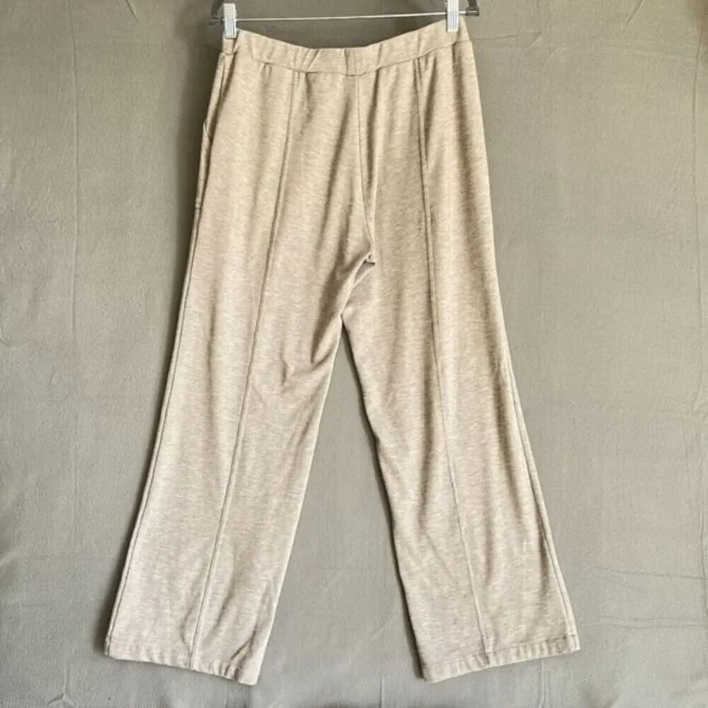 EVEREVE Womens L Beige Mini Rib Lounge Pants Sweatpants Pull-On Wide Leg Pockets